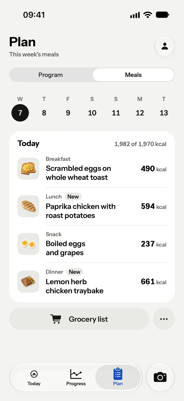 The meals planned for the week, each with a food illustration