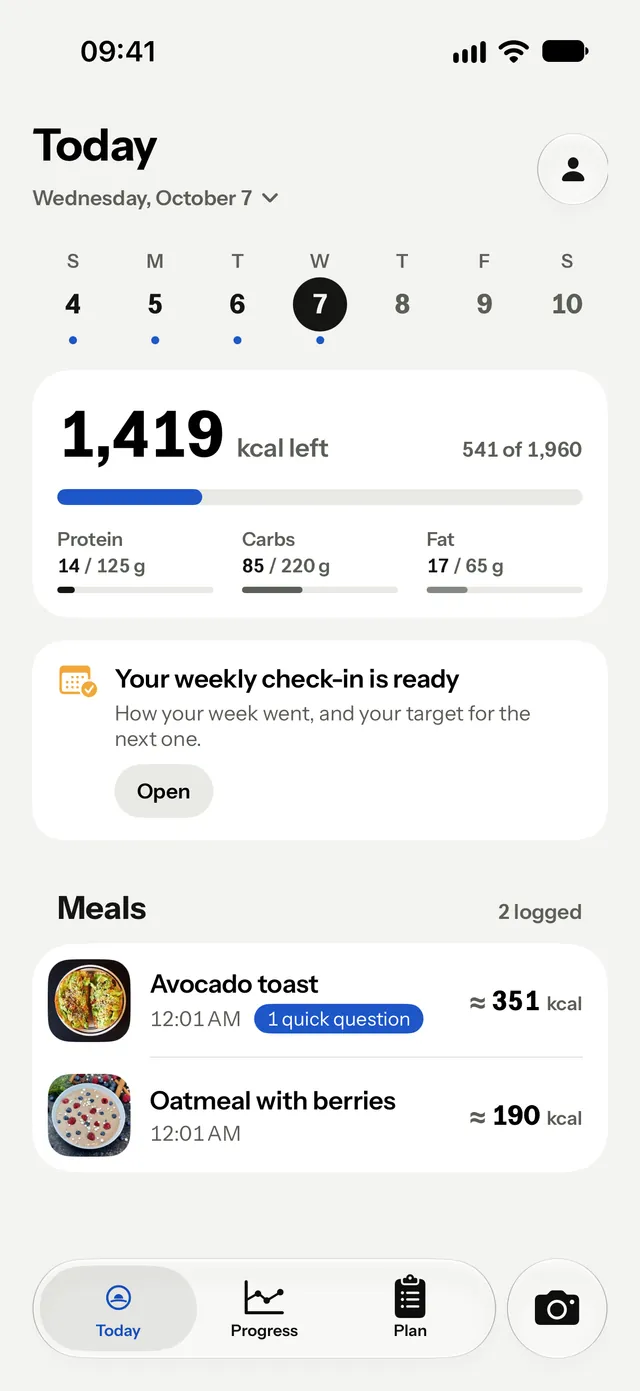 The Today screen: 1,419 kcal left, protein, carbs and fat, a weekly check-in notice and two logged meals
